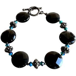 Smokey Black Glass Faceted Beaded Evening Chunky Bracelet Toggle Closure